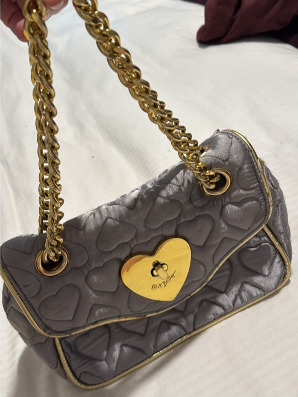 Betsy Johnson Heart-Quilted Gray Shoulder Bag with Gold Chain